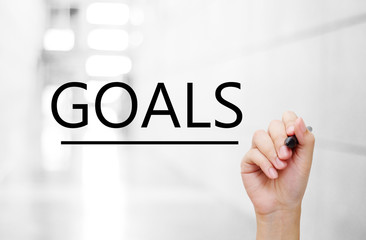 Hand holding pen and goals word, business concept