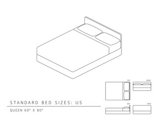 Standard bed sizes of us (United States of America) Queen size 60 x 80 inches perspective 3d isometric with dimension top front side and back view illustration outline set black and white color - 104446983