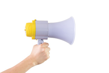Close up of male hand holding megaphone isolated white background