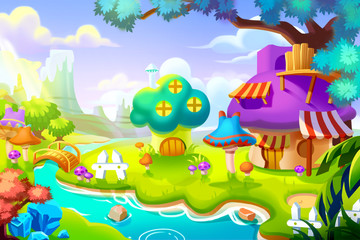 Obraz premium Creative Illustration and Innovative Art: Forest House in the Colorful Nature Land. Realistic Fantastic Cartoon Style Artwork Scene, Wallpaper, Story Background, Card Design 