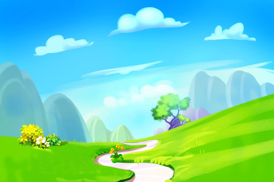 Creative Illustration and Innovative Art: Clean Green Hill with Road to the Mountain. Realistic Fantastic Cartoon Style Artwork Scene, Wallpaper, Story Background, Card Design