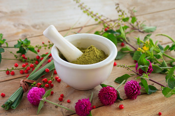 Fresh herbs powder in the mortar, alternative medicine
