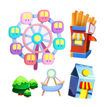 Creative Illustration and Innovative Art: Nature and Playground Cartoon Items Set isolated 2. Realistic Fantastic Cartoon Style Artwork Scene, Wallpaper, Story Background, Card Design
