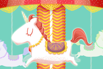 Obraz premium Creative Illustration and Innovative Art: Unicorn Merry Go Round Wooden Horses. Realistic Fantastic Cartoon Style Artwork Scene, Wallpaper, Story Background, Card Design 