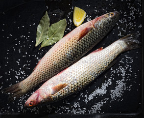 Two raw fish with lemon and salt on a black background