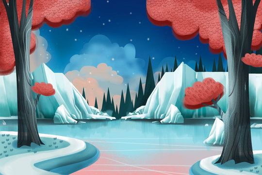 Creative Illustration and Innovative Art: Winter Lake. Realistic Fantastic Cartoon Style Artwork Scene, Wallpaper, Story Background, Card Design 