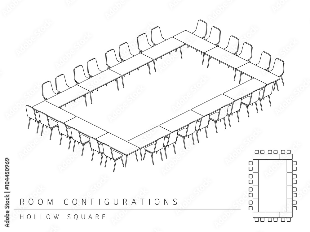 Wall mural meeting room setup layout configuration hollow square isometric style, perspective 3d with top view 