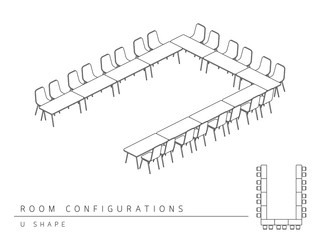 Meeting room setup layout configuration U Shape isometric style, perspective 3d with top view illustration outline black and white color - 104450967