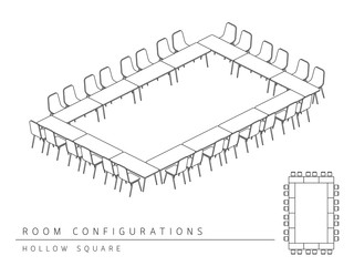 Meeting room setup layout configuration Hollow Square isometric style, perspective 3d with top view illustration outline black and white color - 104450969