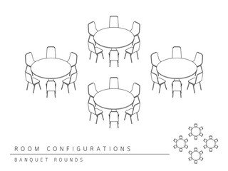 Meeting room setup layout configuration Banquet Rounds isometric style, perspective 3d with top view illustration outline black and white color - 104450986