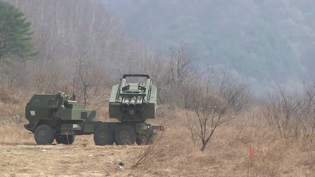 HIMARS mobile rocket launcher system is fired from the back of trucks.