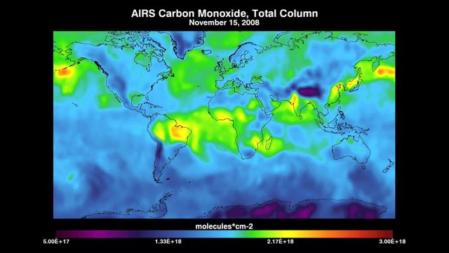 NASA map indicates levels of carbon monoxide in the atmosphere.