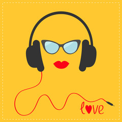Headphones with red cord. Sunglasses and lips Love Music card. Flat design icon. Yellow background