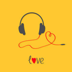 Headphones and red cord in shape of heart. Black text love. Flat design icon. Yellow background.