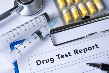 Drug test report, Medical stethoscope with clipboard