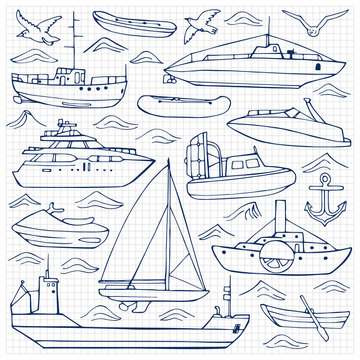 Sea transportation doodle set