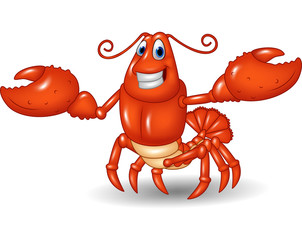 Cartoon happy lobster hands up isolated on white background