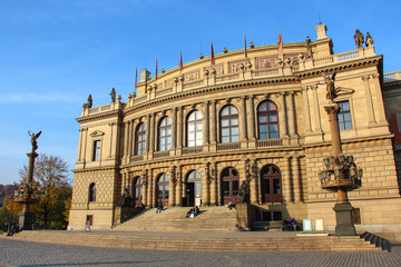 Fototapeta na wymiar The building of Rudolfiunum concert halls on Jan Palach Square in Prague, Czech Republic. Czech Philharmonic Orchestra.