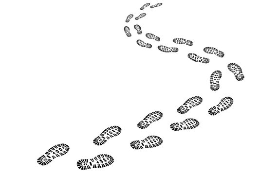 Perspektivische Fußspur / Schuhabdruck mit Profil / Vektor, schwarz-weiß, freigestellt