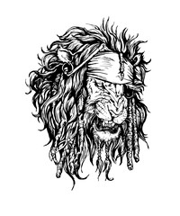 Vector hand drawn realistic lion-pirate character.