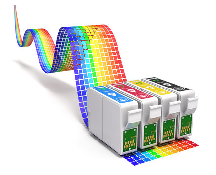 Printing concept with CMYK set of cartridges for ink jet printer