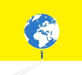 Holding up / A business woman is standing and holding up whole Earth.