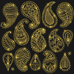 Henna doodles floral vector elements with glitter