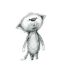 Cute surprised kitten. Hand drawing sketch on white background.