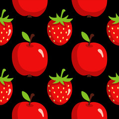 Seamless pattern with cartoon apples and strawberries 
