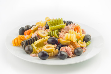 salad plate of pasta with olives and tuna