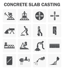 Concrete slab and epoxy floor finishing construction and repair vector icon set consist of worker, machine equipment i.e. power trowel to casting, screed, grinding and leveling by builder, contractor.