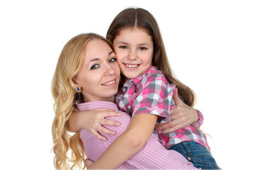 sweet and beautiful little girl hugging mom on white isolated background