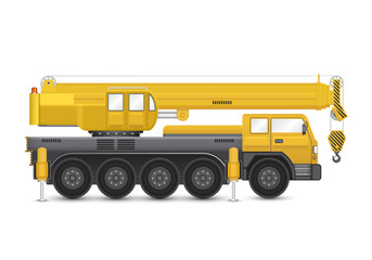 Mobile crane vector design. Industrial machine equipment or vehicle with hoist, hook, rope and hydraulic telescopic boom for service, erection and lifting heavy load in building construction site.