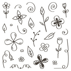 Set of hand-drawn, doodle flowers and leaves isolated on white background.