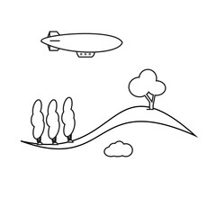 Image of outline aerostat, trees, mountain