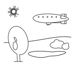 Image of outline aerostat, trees, mountain