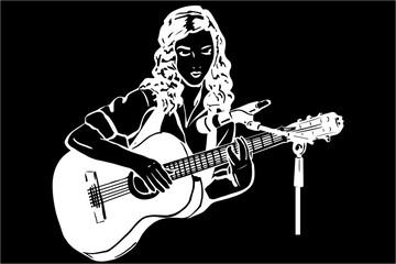 vector sketch of a girl playing the guitar in front of a microph