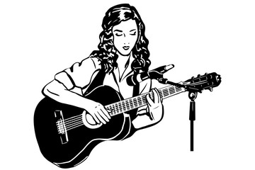 vector sketch of a girl playing the guitar in front of a microph