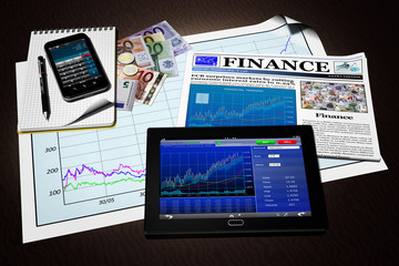 Tablet Smartphone Finanza_005
Tablet, Smartphone e vari elementi  che richiamano operazioni bancarie, trading, investimenti e finanza.Collocati in casa o in ufficio.
 - obrazy, fototapety, plakaty