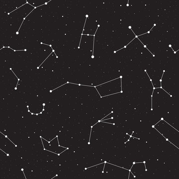 Starry night, seamless pattern, background with stars and constellations, vector illustration