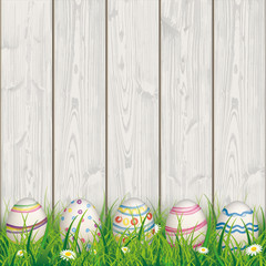 Colored Nature Easter Eggs Grass Woden Background