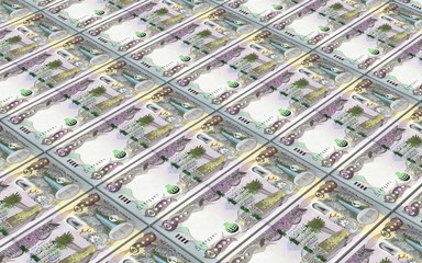 Iraqi dinars bills stacked background. Computer generated 3D photo rendering.