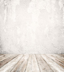 Empty a white interior of vintage room - gray grunge concrete wall and old wood floor. Realistic 3d as perfect background for your concept or project.