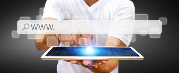 Man surfing on internet with digital tactile web address bar