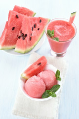 Watermelon ice cream, juice and slices