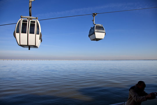 Cable car in Vasco de Parque das Na&ccedil;&otilde;es in Lisbon, Portugal