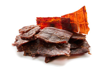 Beef jerky isolated on a white studio background