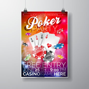 Vector Party Flyer design on a Casino theme with chips and cards on color background.