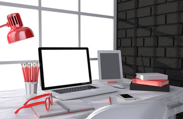 3D illustration laptop and work stuff on table near brick wall, Workspace
