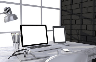 3D illustration laptop and work stuff on table near brick wall, Workspace